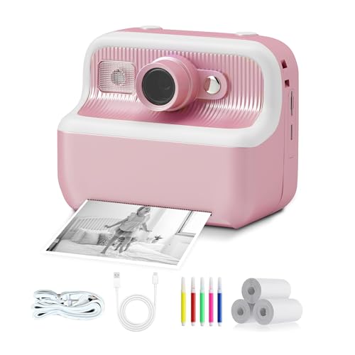 Instant Print Camera for Kids, 1080 HD Dual-Lens Digital Camera with 3 Rolls Print Paper, Kids Camera Instant Print with Color Pens for DIY, Portable Toy for Girls Boys 3-12 Years Old, Pink