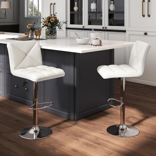 ERGOMASTER Sillas de Bar Giratorias Set de 2, Altura Ajustable, Tapizado en CUero PU, Base Metálica y Reposapiés, Silla Moderna para Isla de Cocina y Comedor (Blanco) miniatura 1
