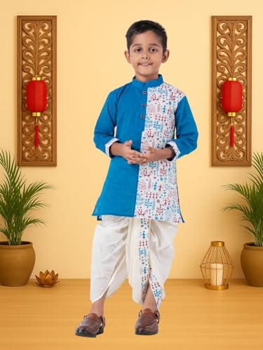 Image of Kids Ethnic Wear - Stylish Half Printed & Vibrant Color Pure Cotton Kurta with Elastic Waist Dhoti Set for Boys