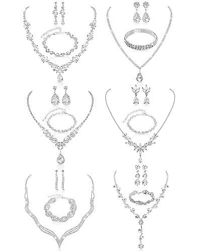 6 Sets Bridesmaid Jewelry Set for Wedding Silver Crystal Rhinestone Necklace Earrings Bracelet for Women Bride Bridal Jewelry