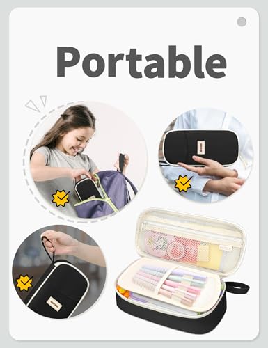 Image of SUNEE Cute Pencil Case, Aesthetic Pen Pouch, Colored Large Pencil Bag with Zipper, Kawaii Stationery Storage and Organizer, School Supplies for Teen and Adult Girls, Black