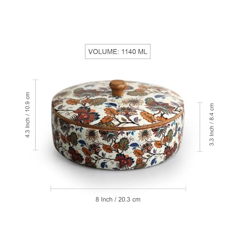 Image of ExclusiveLane 'Floral Chronicles' Wooden Chapati Box for Kitchen with Lid (Mango Wood, 8 inch, 1140 ml) | Hot Case for Roti Casserole for Roti Hot Case Casserole Roti Box Hot Pot for Roti Kitchen
