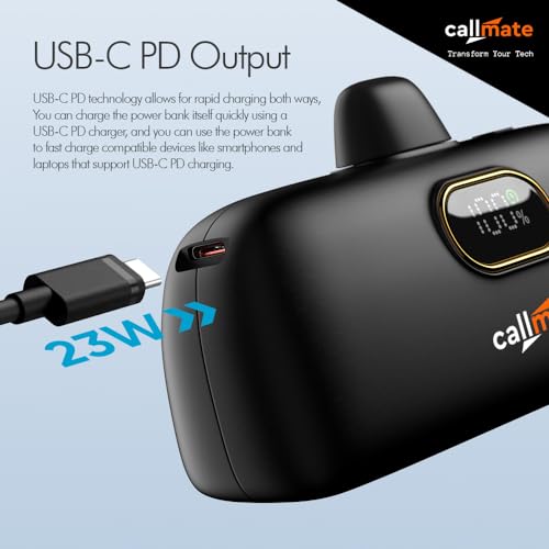 Image of CALLMATE Powernugget 5000mAh 23W Fast Charging Type C Power Bank with 23W Type C PD Input & Output, Compatible with Samsung Type C Phones, Tablets (Type-C, Li-Ion, Black)