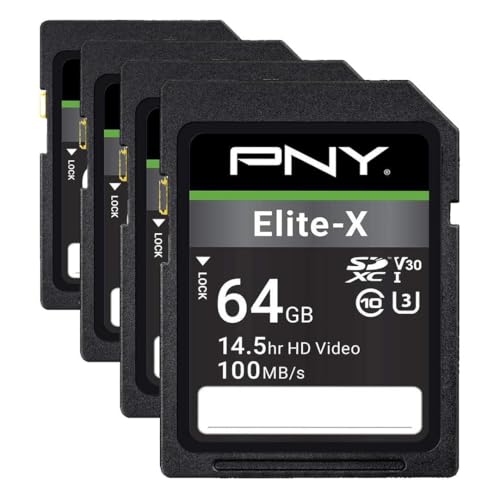 Image of PNY 64GB Elite-X Class 10 U3 V30 SDXC Flash Memory Card - 100MB /s, Class 10, U3, V30, 4K UHD, Full HD, UHS-I, Full Size SD (Pack of 4)