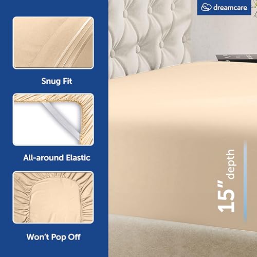 Image of DREAMCARE Queen Sheet Set - 4 pcs Breathable Cooling Sheets - up to 15 inch Deep Pocket Queen Sheets Set with Side Pockets - Extra Soft 100% Brushed Hypoallergenic Hotel Luxury Bedding - Wheat
