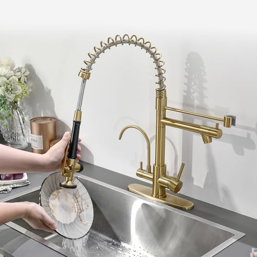 Image of Fapully Brushed Gold Commercial Kitchen Faucet with Pull Down Sprayer | Water Filter Spout,3 in 1 Kitchen Faucets with Drinking Water Faucet for 1 or 3 Holes Sink