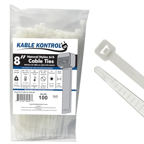 Kable Kontrol Cable Zip Ties, 8 Inch, 100 Pcs, 75lbs Test, Natural White