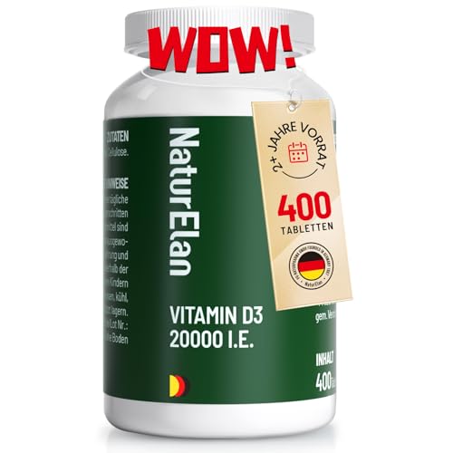Vitamin D3 20000 I.E. Hochdosiert – 400 Tabletten im Jahresvorrat, Sonnenvitamin für Immunsystem, Vegetarisch, In Deutschland Produziert