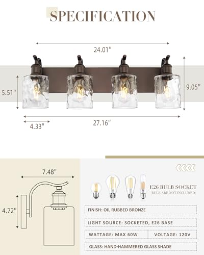 Image of Bathroom Vanity Light Fixtures 4-Light Hammered Glass Modern Wall Mounted Over Mirror Oil Rubbed Bronze - VL01ORBH-4