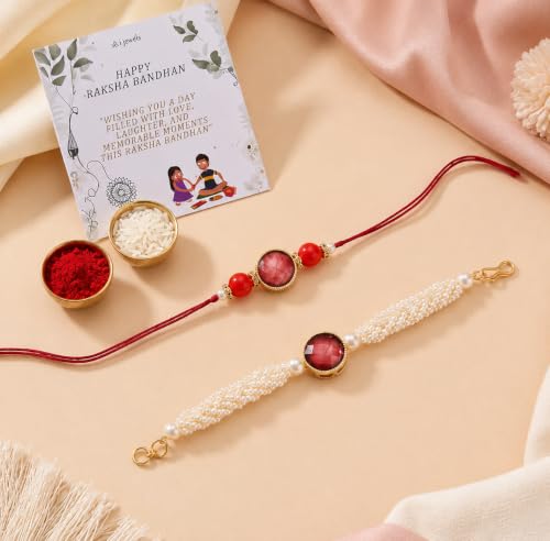 Image of I Jewels Designer Kundan Pearl beaded Bhaiya Bhabhi Lumba Rakhi Bracelet Combo Set With Roli Chawal & Rakshabandhan Greeting Card
