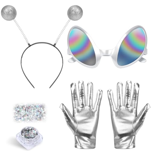 Coopay Halloween Alien Headband and Glasses Glitter Set Space Costume Accessories for Women Holographic Glitter Alien Accessories Rainbow Lens Sunglasses Gloves Boppers Antenna Headband