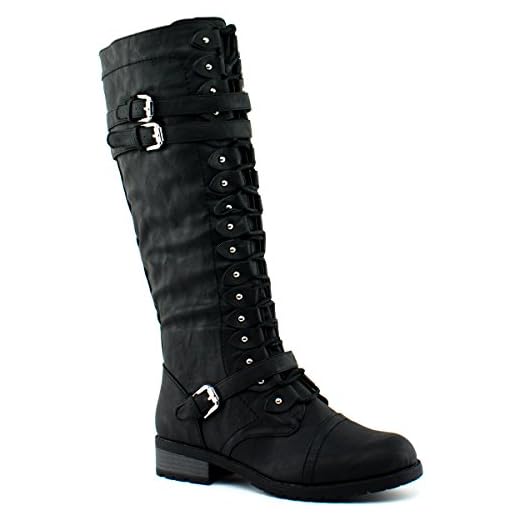 Wild Diva Timberly-65 Women's Fashion Lace Up Buckle Knee High Combat Boots, Color:Black, Size:8