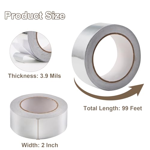 Image of Aluminum Foil Tape 2 Inch x 99Ft (3.9 Mil) Heavy Duty Waterproof High Temperature Sealing and Patching for Ductwork Furnace HVAC Indoor Outdoor Repairs