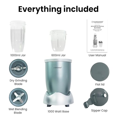 Image of Sunshine Nutri Vita Pro 2 In 1 Nutri Blender Slate Grey, Powerful 1000 Watts Copper Motor, Blender for Smoothies and Juices, Stainless Steel Body, 2 Blade Set: Wet & Dry| 2 Year Warranty