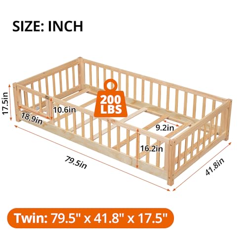 i-POOK Twin Floor Bed for Children, Sturdy Wood Montessori Bed Frame with Wood Slats, Fence & Door, Montessori Floor Bed for Girls and Boys, Natural (with Bed Slats) - Thumbnail 2