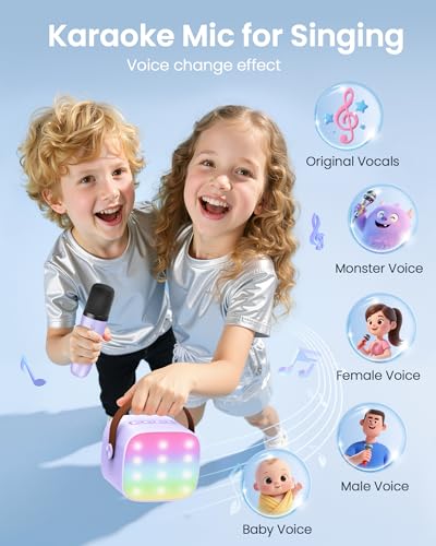 Image of YLL Upgraded Mini Karaoke Machine with 4 Wireless Microphones Toy for Kids, Birthday Gifts for Girls Boys, Portable MP3 Player for Ages 3, 4, 5, 6, 7, 8, 9, 10, 11, 12+ Year Old Party (Purple)