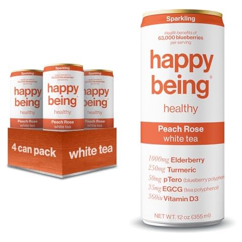 Happy Being Sparkling Nutrient-Rich Peach Rose White Tea – Infused with Turmeric, Elderberry, Vitamin D3, Caffeine Free, Plant-Based, Low Calorie & Low Sugar Drinks, 12oz (4 Pack) Cover