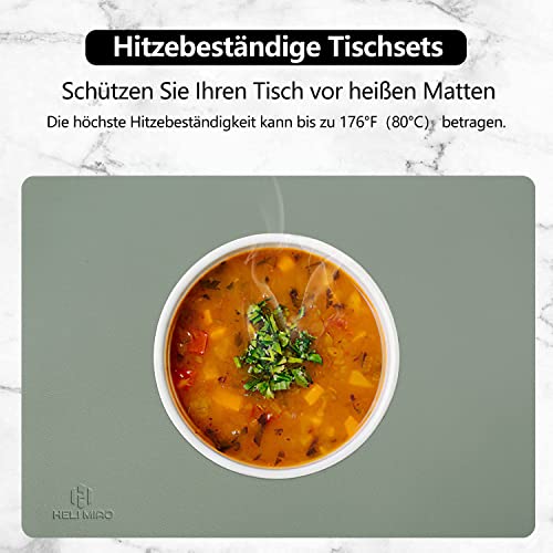 HELI MIAO Tischsets Abwaschbar,Platzsets Abwischbar, Leder,Hitzebeständig Doppelseitigen I 6er Set Platzdeckchen Lederoptik mit Untersetzer,Tischuntersetzer rutschfest,Salbeigrün