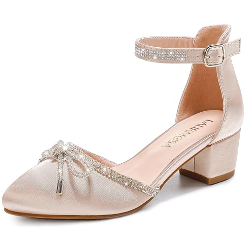 Image of LAURMOSA Girls Sandals Closed Toe High Heels Pointed Toe Ankle Strap Pumps Flower Girl Dressy Shoes in Wedding Party Cute Bowknot Chunky Block Heeled for Little Big Kids