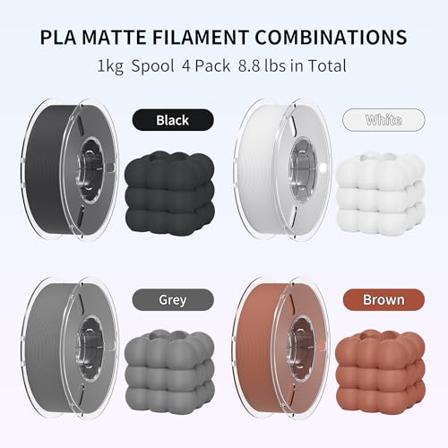 Image of RAMBERY Matte PLA 3D Printer Filament Bundle 4KG, Matte Smooth Finish PLA Filament 1.75mm, Individually Vacuum Packed, 1kg(2.2lb) X4PCS, Black /White /Cement Gray /Cocoa Brown