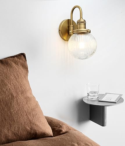 Image of Industrial Vintage 1-Light Wall Sconce with 5.9 inch Round Ribbed Clear Glass Globe Lampshade, U-Shaped Indoor Wall Mounted Lamp Fixture for Bedroom Living Room Bathroom Vanity