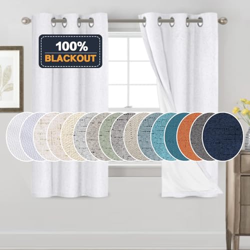 Image of PrinceDeco Blackout Linen Texture Curtains 64 inches Length Natural Linen Blackout Drapes for Bedroom Living Room Darkening Curtain Thermal Insulated with White Liner,Set of 2,W42 X L64,Pearl White