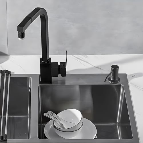 Seifenspender Küche Einbau, Spülmittelspender Küche für Spülbecken mit Edelstahl 360° 300ML Drehbarer Pumpe, 330ML Flasche, 1m Verlängerungsschlauch (Schwarz)