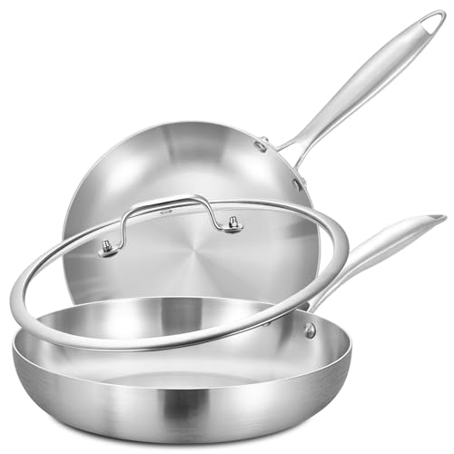LOLYKITCH 22-30 CM Tri-ply Stainless Steel Frying Pans Set with a Lid,Skillets,Induction Cooking Pans,Even Heating and Oven Safe