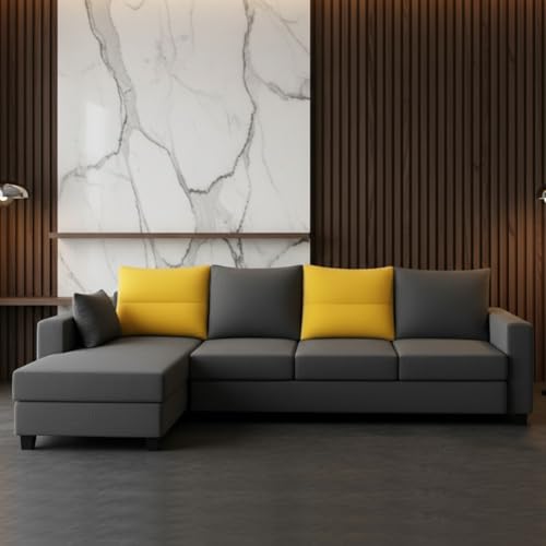 Image of CASASTYLE Texon 5 Seater Fabric LHS L Shape Sofa Set (Yellow-Dark Grey) Velvet Finish | Comfortable Sectional Sofa Set
