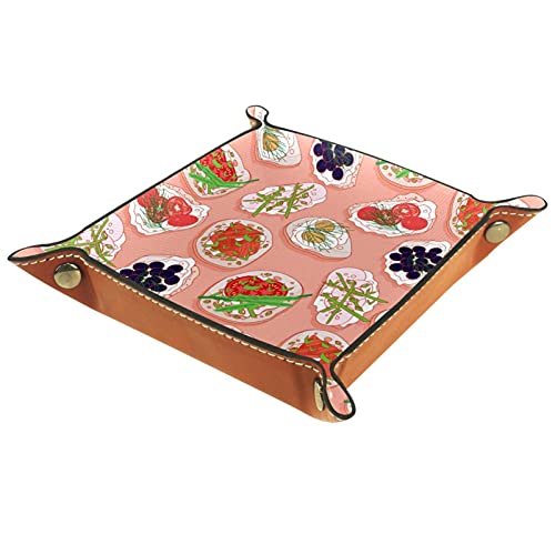 Vassoio da gioco pieghevole con dadi rotanti Vassoi di gioielli quadrati in pelle e orologio, chiave, moneta, scatola di immagazzinaggio di caramelle Tartine Modello di snack con sfondo rosa