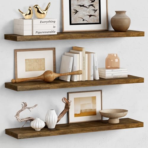 Forbena 36 Inch Floating Shelves for Wall Long Set of 3, Large Deep Wall Shelves for Bedroom Living Room Decor, Rustic Wood Floating Shelf for Kitchen Closet Office TV Plants Books (Dark Brown)