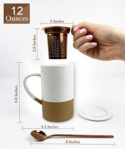 Mora Ceramics Tea Cup With Loose Leaf Infuser, Spoon And Lid, 12 Oz, Microwave And Dishwasher Safe Coffee Mug - Rustic Matte Ceramic Glaze, Modern Herbal Tea Strainer - Great Gift For Women, Petro #TOP3