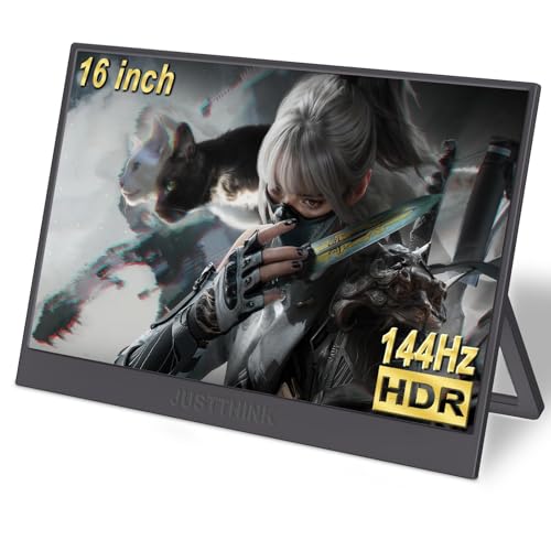 Image of JUSTTHINK 16 inch Portable Monitor 144Hz, 1920x1200 16:10 IPS Laptop Monitor | Ultra Slim External Second Screen for Laptop PC Phone PS5 Switch Xbox