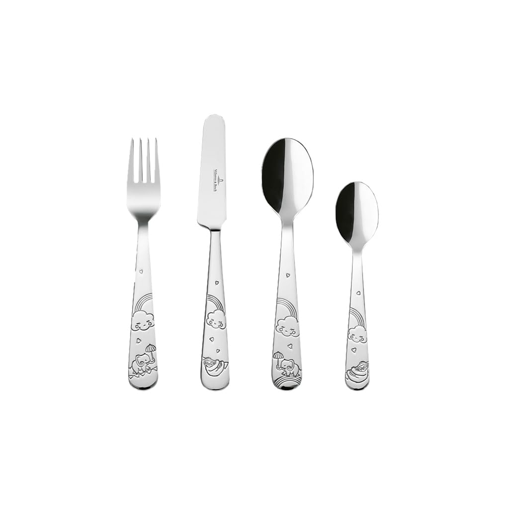 Villeroy & Boch – Boho Kids "Walk like an elephant" Kinderbesteck Set 4 teilig Silber/Platin, Spülmaschinenfest, Besteck Kind, Essbesteck Kinder, Gabel, Löffel, Messer, Besteckset Kinder, Edelstahl