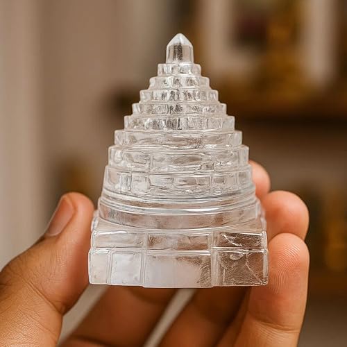 Image of Original Certified Sphatik Shree Yantra | AAA Grade Clear Quartz Shri Yantram /Spatik Sri Chakra /Sphatik Meru Yantra /Lakshmi Yantra | Healing Crystal for Pooja (100-120 Gram)