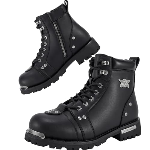 Dream Apparel Mens Motorcycle Boots for Riding Biker with Side Zipper, Waterproof Black Faux Leather Biker Boots Ankle Booties, Lace Up Military Combat Booties with Low Heel