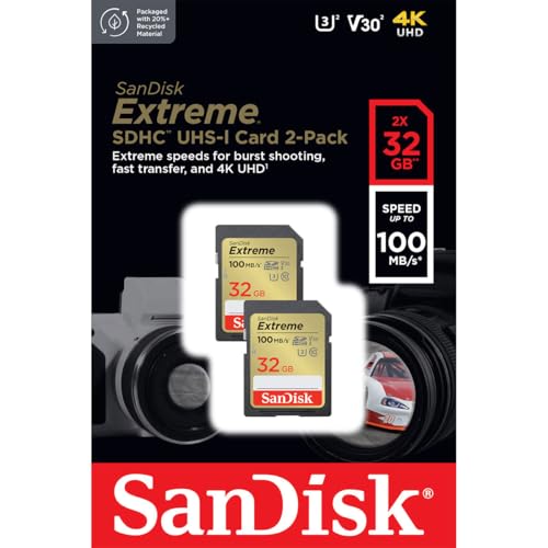 Image of SanDisk 32GB Extreme SDHC Cards (2-Pack) + RescuePRO Deluxe, up to 100MB /s, UHS-I, Class 10, U3, V30