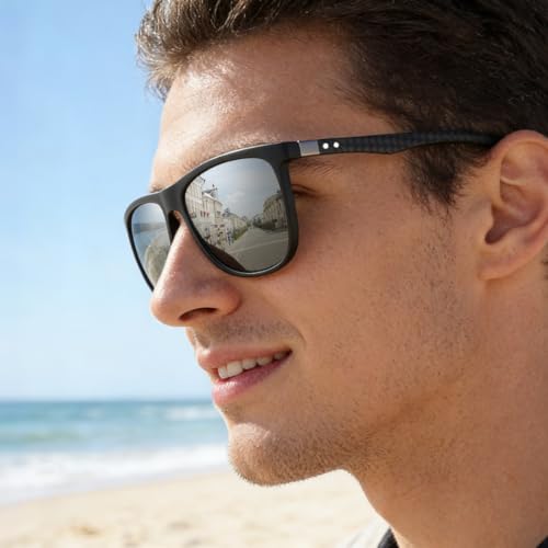 Image of Carbon Fiber Polarized Sunglasses for Men Women, Retro Square Frame, UV400 Protection HD Lens, Driving Fishing Sports