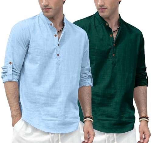 Image of Zombom Men's Combo Cotton Polyester Blend Solid Full Sleeve Straight Regular Fit Mandarin /Chinese Collor Kurta (Pack of 2)