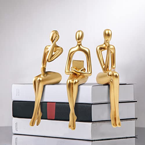 Image of Masvan 3Pcs Home Decor Gold Thinker Statues Resin Sculpture Accents, Modern Abstract Ornaments Bookshelf Collectible Figurines, Shelf Decorations for Living Room Office Table Dining Desk,Gold