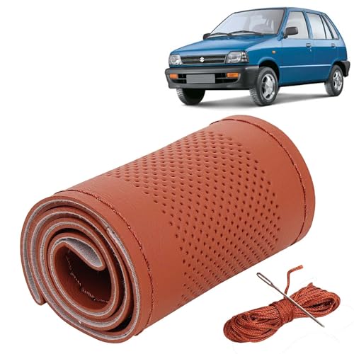Image of KINGSWAY PU Leatherite Car Steering Cover Sewable Compatible with Maruti Suzuki 800 (Year 2000-2014), Tan Color with Tan Thread, Pack of 1 with Sewing Needle and Thread