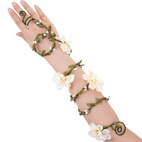 FRESHME Renfaire Fairy Arm Wrap - 1 PC Champagne Flower Arm Cuff Elven Bracelet with Wrap Ring Mother Nature Costume Halloween Renaissance Fantasy Cosplay Wedding Prom Accessories for Women Adults
