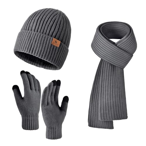 LackBlue Winter Hat Scarf Gloves Set for Men Women Warm Fleece Lined Cable Knit Beanie Hat Thermal Touchscreen Gloves Elastic Skull Caps Grey