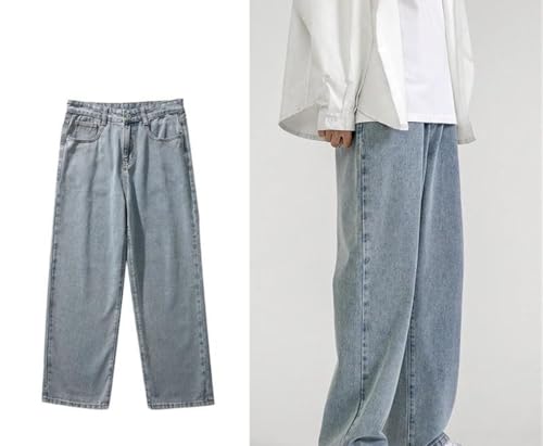 Men’S Wide Leg Korean Style Denim Jeans with Zipper Fly Mid Waist Loose Fit Solid Color Pants2