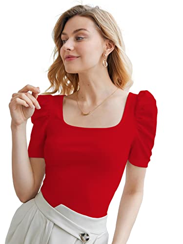 Image of Shasmi Women's & Girl's Polyester Pleated High Neck Short Puff Sleeve Ruched Bust Solid Regular Fit Top