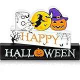 Vicenpal 3 Pieces Happy Halloween Wooden Sign Centerpiece Bat Witch Eyeball Table Top Decor Spooky Rustic Freestanding Boo Tier Tray Halloween Decor Rustic Wood Block Plaque for Home Fireplace