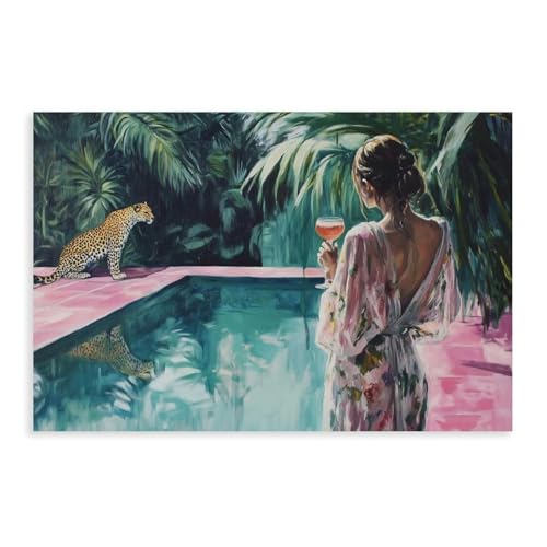 Impression léopard et femmes au bord de la piscine : habillez un mur vide avec style