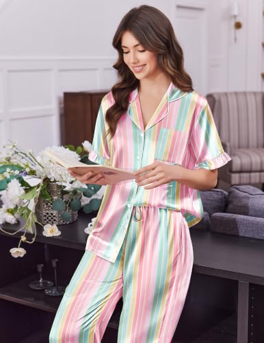 Image of Ekouaer Silk Satin Pajamas for Women Set 2 Piece Short Sleeve Button Up Pjs