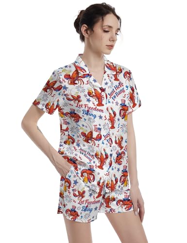 Image of Funny Satin Pajamas Set for Women Button Down Sleepwear Print Pjs Set 2 Piece Short Sleeve Loungewear Gift for Women