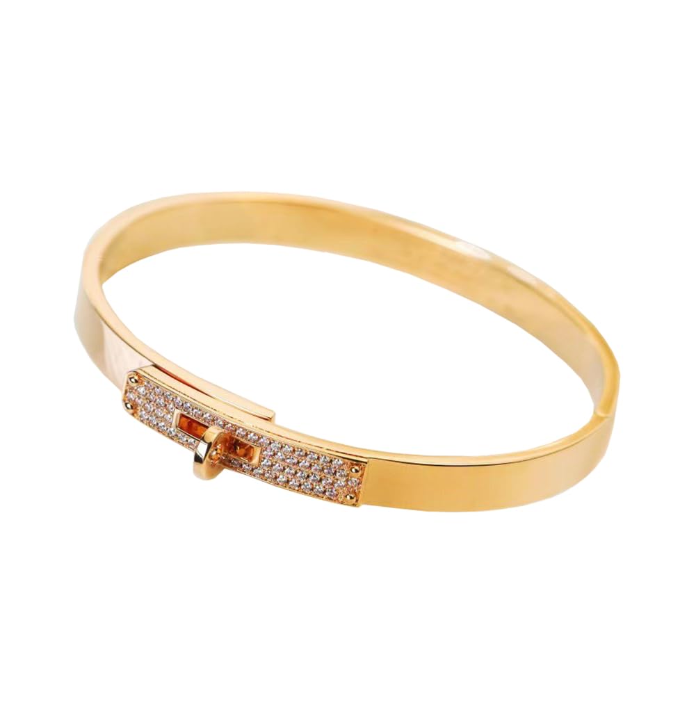 Pulsera de Bloqueo de Giro Chapado en Oro de 18k con circonía cúbica, Brazalete de Brazalete de Acero Inoxidable de Moda clásica para Hombres y Mujeres